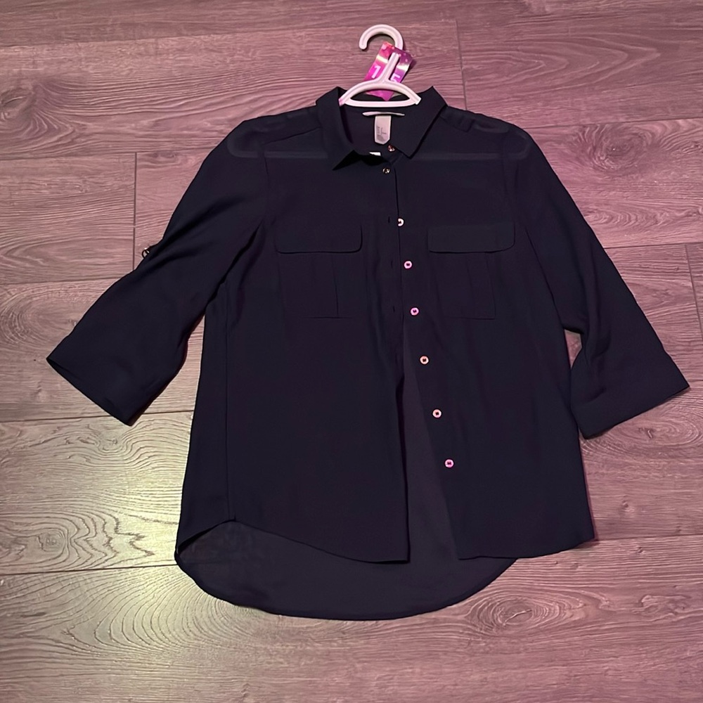 ☀️Navy sheer H&M button up blouse size 8